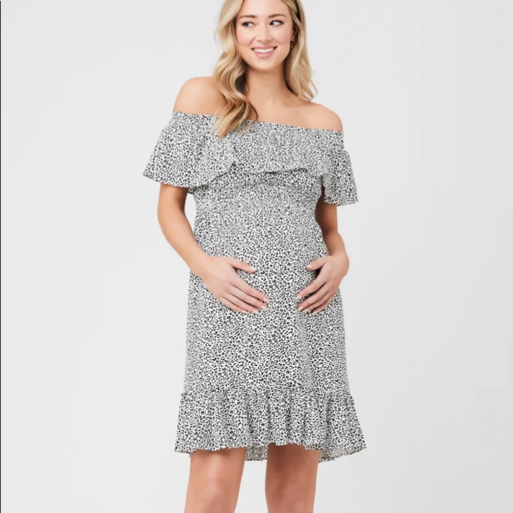 RIPE Off Shoulder Maternity Dress White and Black Subtle Leopard Print.